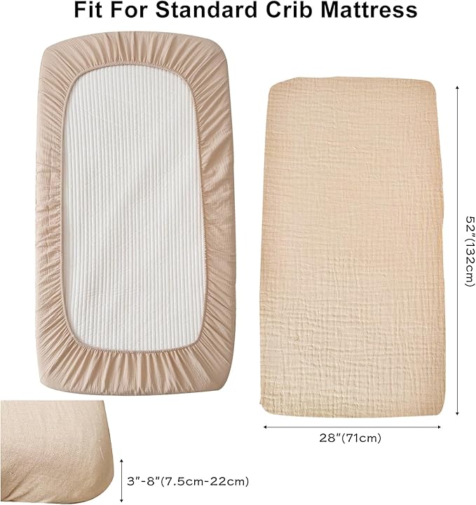 BuLuTu 2 Pack Muslin Fitted Crib Sheets 52"x28" for Standard Crib Mattress, Toddler Boys Girls 100% Cotton Baby Sheets, Soft Breathable, Machine Wash, Beige & Pink