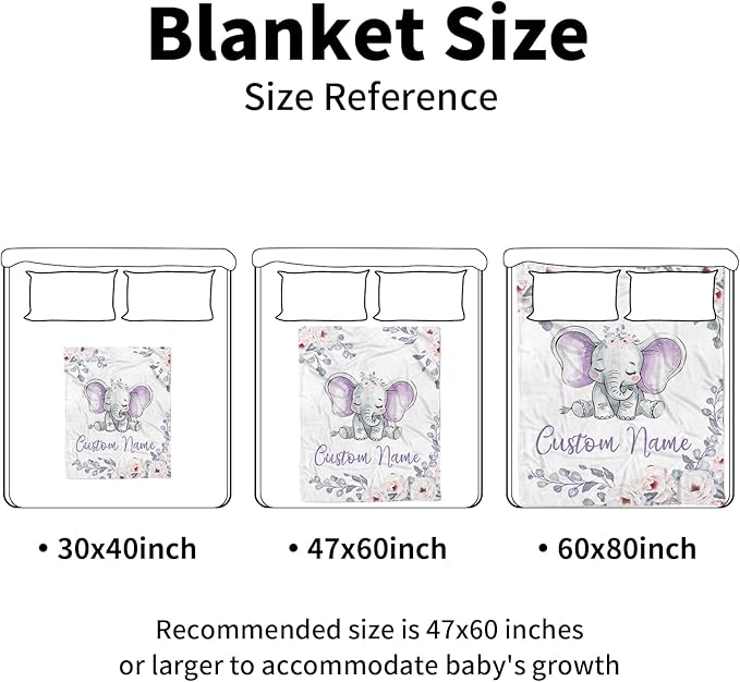 Personalized Baby Blankets for Boys Girls, Custom Name Light Purple Elephant Baby Blanket, Soft Receiving Blanket for Newborns and Toddlers, Ideal for Baby Showers and Nursery Decor