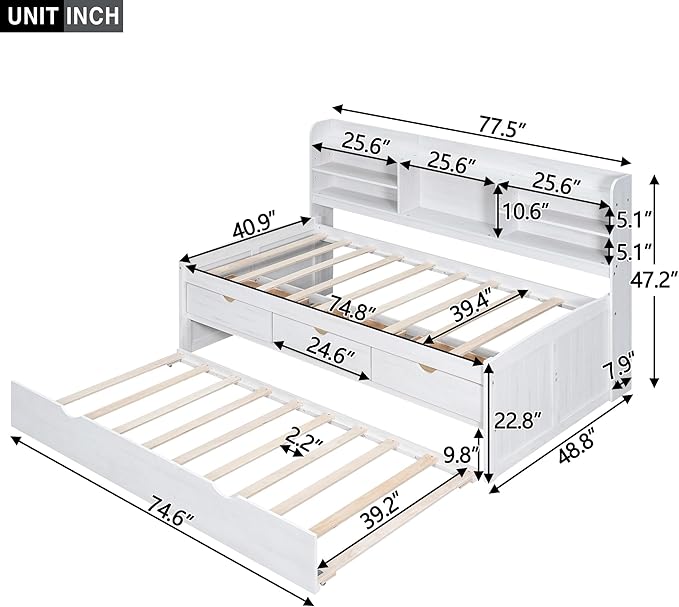 Harper & Bright Designs Twin Size Captain Bed with Built-in Bookshelves/3 Storage Drawers/Trundle, Wooden Twin Daybed Bed Frame for Kids Teens Dorm Bedroom Multipurpose Guest Room, White Wash