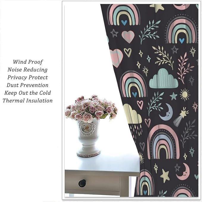 Boho Rainbow Curtains for Kids Nursery Colorful Floral Sun Star Clouds Pastel Bohemian Pattern Print Window Drapes for Girl Bedroom Living Room Kitchen Decor,2 Panel Set,52Wx84H Inch Blackout