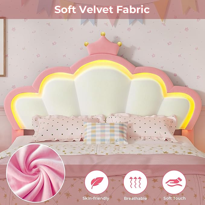 BTHFST Full Size Bed Frame with LED Lights, Girls Full Bed with Princess Crown, LED Velvet Upholstered Platform Bed Frame with Adjustable Headboard, No Box Spring Needed, Pink