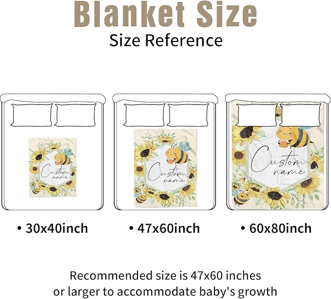 Personalized Crib Bedding Set for Boys Girls, Custom Baby Crib Sets with Name, Yellow Bee Design Nursery Bedding 2 Piece - Soft Blanket with Double Layer Dotted Backing, Crib Fitted Sheet