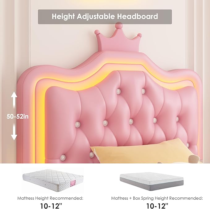 Keyluv Twin Upholstered LED Bed Frame with Storage Drawer, Leather Princess Platform Bed with Adjustable Crystal Button Tufted Crown Headboard, Solid Wooden Slats Support, No Box Spring Needed, Pink