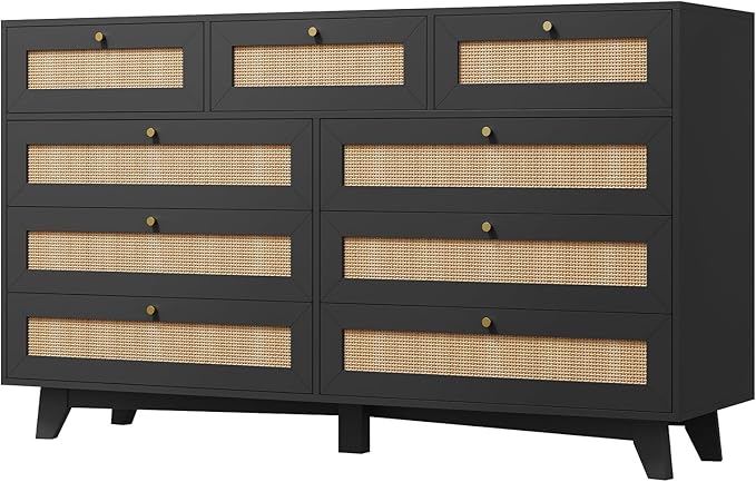 AOGLLATI Black Rattan Dresser for Bedroom with 9 Drawer, Modern Double Wooden Long Bedroom Dresser, Chest of Drawers with Metal Handle & Solid Wood Legs for Bedroom/Living Room, Black