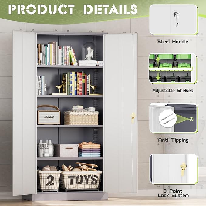 Crownland 72" Metal Storage Cabinet, Lockable Garage Cabinets, High Office Storage Cabinet with Adjustable Shelves for Garage, Home Office, Classroom, Pantry, File(Grey White-Narrow Size)