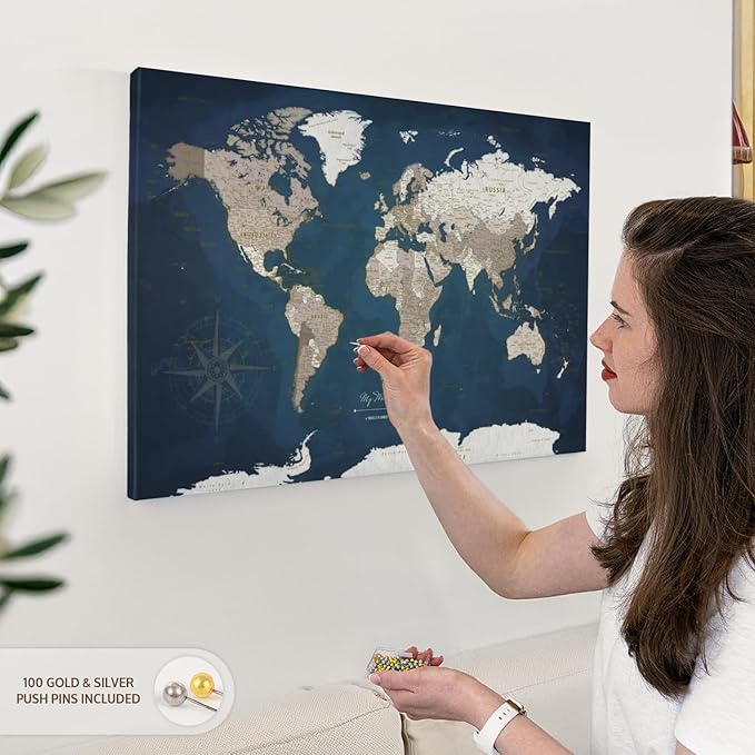 ElephantStock - My World Adventures Push Pin Travel Map I Wall Art - Horizontal Canvas Wall Art - Living Room Wall Decor - Printmaking Map Canvas Art - Blue And Beige Decor - 30" x 20"