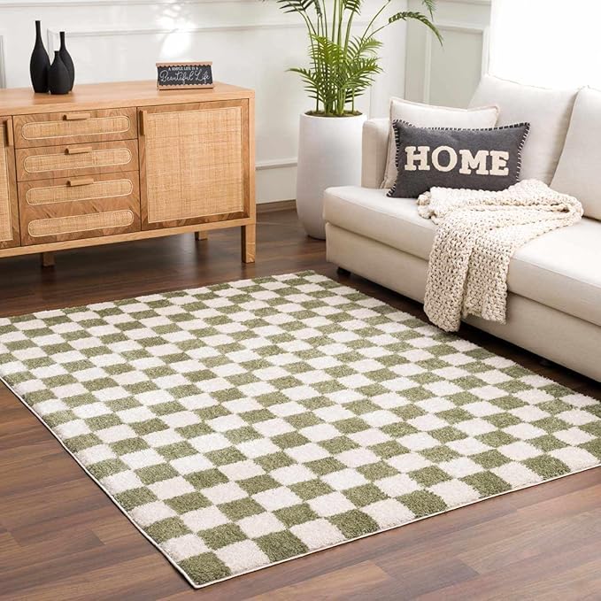 BoutiqueRugs Canika Modern Checkered Shag Runner Rug - High Pile Fluffy Shaggy Carpet for Hallway, Nursery, Playroom, Girls Boys Room - Machine Washable - Peach, Lime Green - 2'7" x 7'3" (2x8)