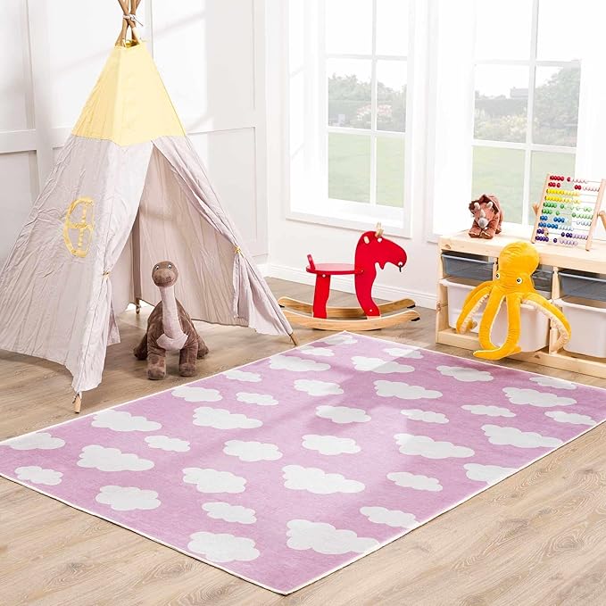 Hauteloom Nizar Girls Room, Nursery Machine Washable Area Rug - Clouds - Pink, Cream - 7'10" x 10'2"