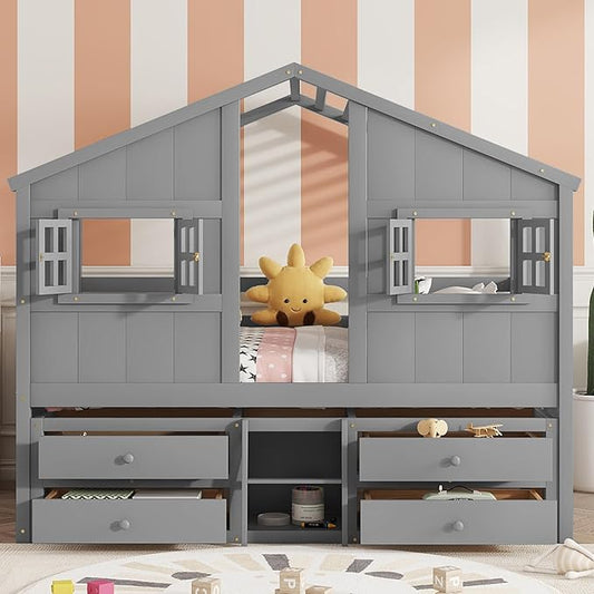 Harper & Bright Designs Full Size House Loft Bed with 4 Storage Drawers, Low House Montessori Bed with Roof and Windows, Safety Guardrails for Kids, Girls, Boys, Grey
