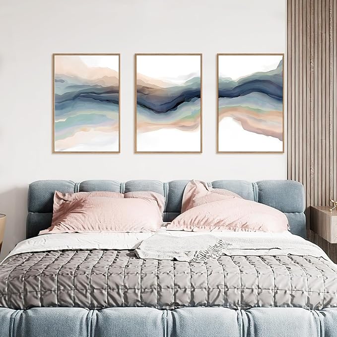 HLNIUC Blue Abstract Wall Art, Watercolor Line 24"x36" Framed Art Set of 3, Modern Wave Canvas Wall Decor, Natural Landscape Paint Stroke Prints for Living Room, Bedroom, Office