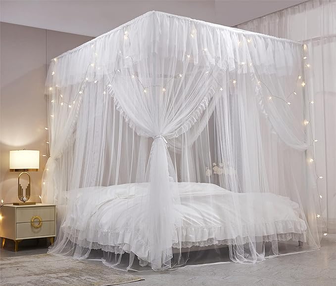 VETHIN 4 Corners Post Ruffle Princess Bed Canopy Curtain-Double Layer Cozy Drape Netting 4 Opening Mosquito Net for Girls Adults Bedroom Decoration (White/White, 47" W*78" L*82" H/Twin)