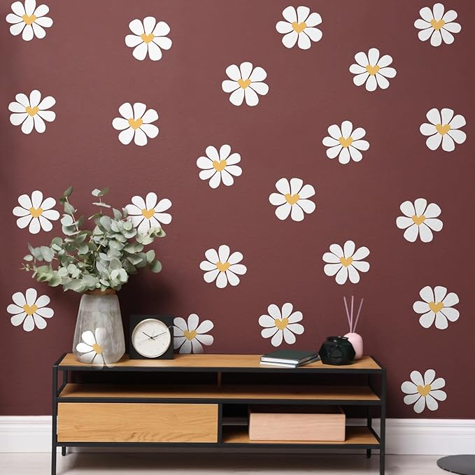 6 Sheet Daisy Wall Stickers White Heart Daisy Decals Peel and Stick Flower Wall Stickers White Flower Decals Floral Wallpaper for Bedroom Nursery Playroom Home Decor