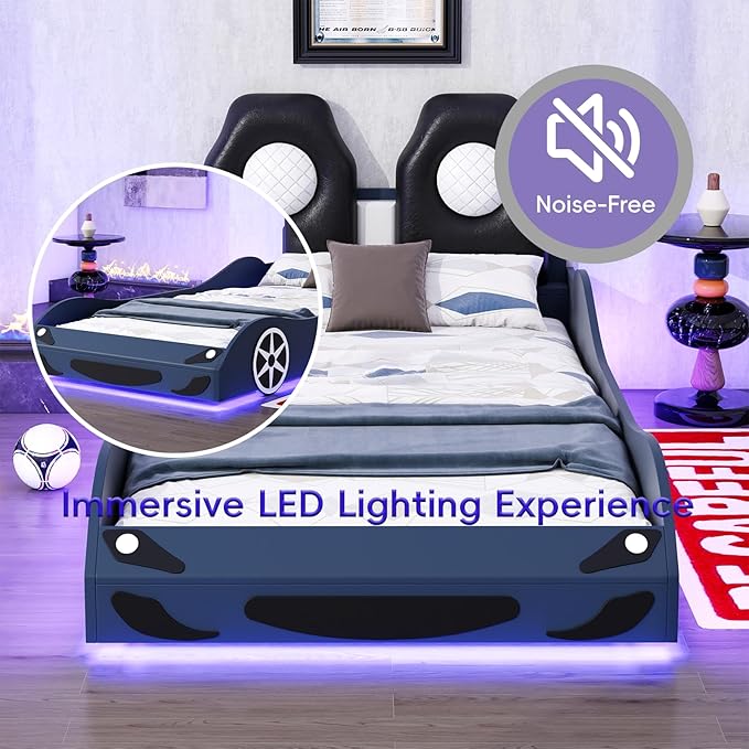 Kids Car Bed Frame Twin Size Car-Shaped Platform Bed with LED Lights and Upholstered Backrest, Solid Wood Car Bed Frame with Wheels and Guardrails for Boys Girls, Blue