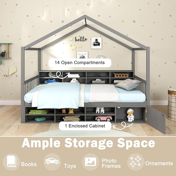 KOMFOTT Twin Size Wood House Bed with Storage Shelves, Wooden Platform Bed Frame with Storage Cabinet, Headboard & Footboard, House Bed with Wood Slats Support, No Box Spring Needed (Grey)