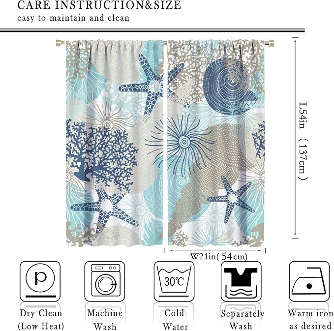 Coastal Curtains Ocean Beach Themed Room Darkening Window Curtain Nautical Coral Blackout Curtain for Bedroom Living Room Bathroom Nursery Set 2 Panels,42x54 Inches
