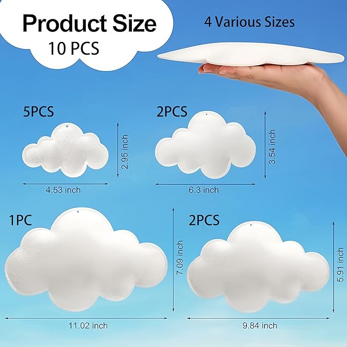 10Pcs 3D Cloud Decorations Hanging Clouds for Room Ceiling Decor Felt White Clouds for Baby Shower Wedding Party Backdrop Nursery Classroom Decor (10pcs White Clouds)
