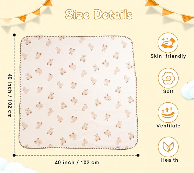 Baby Blanket Double Layer Cotton 40 x 40 Soft Receiving Blanket with Pattern Machine Washable Bear
