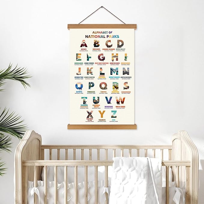 KAIRNE National Parks ABC Poster,Nature Scenery Alphabet Canvas Art Print,Travel Themed Wall Decor with Wood Magnetic Hanging Decoration(35X56CM) Alphabet of National Parks for Traveler Room Decor