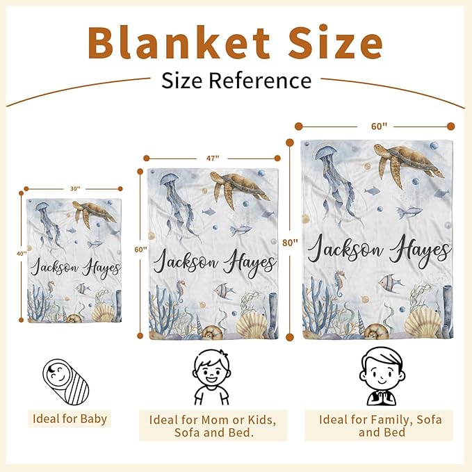 Personalized Baby Blanket with Name, Customized Baby Blanket for Kids Newborns, Soft Flannel with Double Layer Dotted Backing, Customized Gifts for Baby Shower Birthday, Sea Turtle(47" x60)