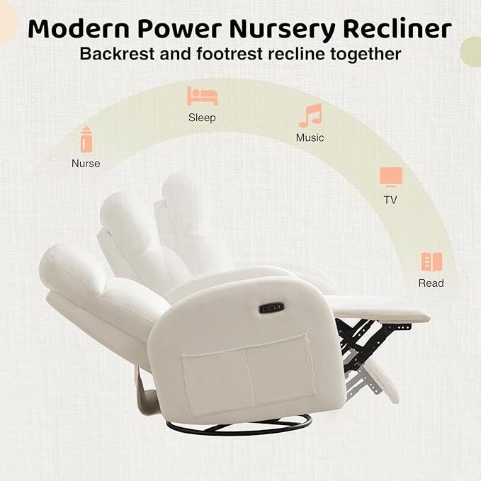 Power Nursery Glider Recliner, Chenille Electric Rocker Recliner with Type-C & USB Port, Nursery Swivel Rocker Recliners with Double Pockets for Adult, Cream White