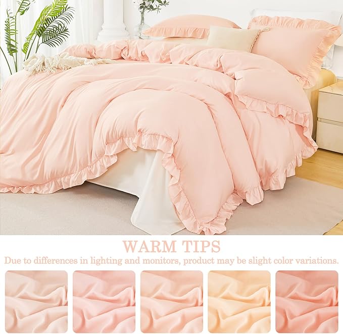 Full Size Comforter Cover Set for Kids Peach Pink Ruffle Duvet Cover Sets 3 Pieces Ruffled Bed Cover Set Vintage Cute Girls Bedding Quilt Cover Set All Seasons(Peach Pink, Full)