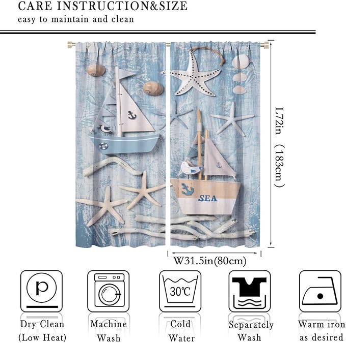 Nautical Curtain,Navy Anchor Sailing Map Starfish Seashells Bedroom Curtain,Waterproof Washable Fabric for Bedroom Decor Set 2 Panels,63x72 Inches