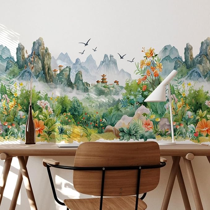 Runtoo Mountain Wall Art Decals Forest Woodland Tree Flowers Peel and Stick Wall Stickers Living Room Bedroom Nursery Home Decor
