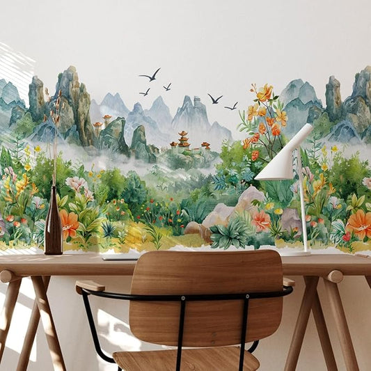 Runtoo Mountain Wall Art Decals Forest Woodland Tree Flowers Peel and Stick Wall Stickers Living Room Bedroom Nursery Home Decor
