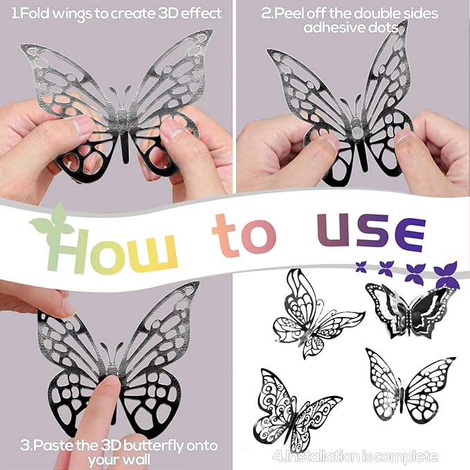 96 Pcs Butterfly Decorations 3 Sizes 4 Styles 3D Butterfly Wall Decor Party Decorations Butterflies for Crafts Birthday & Wedding Celebrations Cake Decorating Balloons Removable Stickers Black