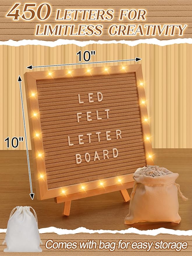 Changeable Felt Letter Board with LED Lights - 10×10" Message Custom Signs & Wood Stand & 450 Letters, Poster Board for Christmas/Pregnancy/Baby Announcement/Classroom Wall Decor Gifts, Camel