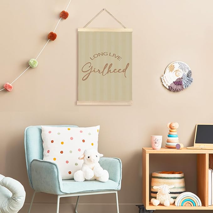 Hiuwevt Girls Nursery Wall Art, Long Live Girlhood Poster Hanger Frame, Retro Preppy Neutral Striped Wall Art Home Decor for Little Girls Toddler Nursery Room Bedroom Playroom, 12x16 Inch