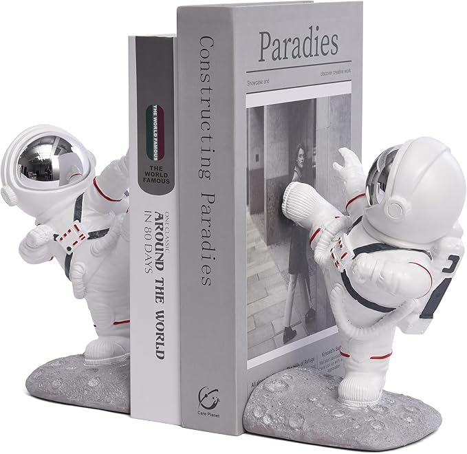 White Book Ends for Kids, Upgraded Astronaut Bookends Resin Spaceman Book Holders for Shelves Sturdy Book Stopper Book Ends to Hold Books Unique Outer Space Book Shelf Ends(F2-Silver Color)