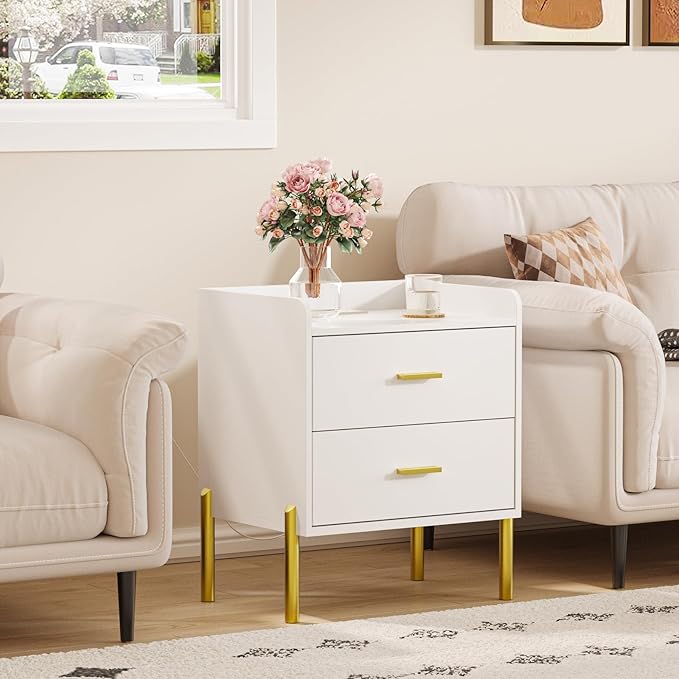 Vabches Nightstand with Built-in Charging Station, White Mid Century Modern Nightstand for Bedroom, Stylish End Tables for Lamps, Books
