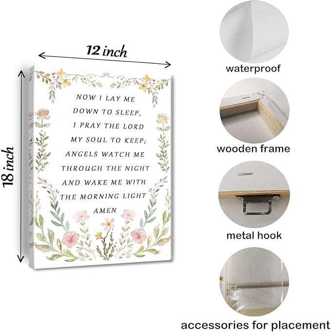 Nursery Bedtime Prayer Baby Room Now I Lay Me Down to Sleep Wildflower Canvas Wall Art Christian Child's Prayer Print Bible Verse Painting Home Decor Baptism Gifts for Girl Framed 12 * 18 inch