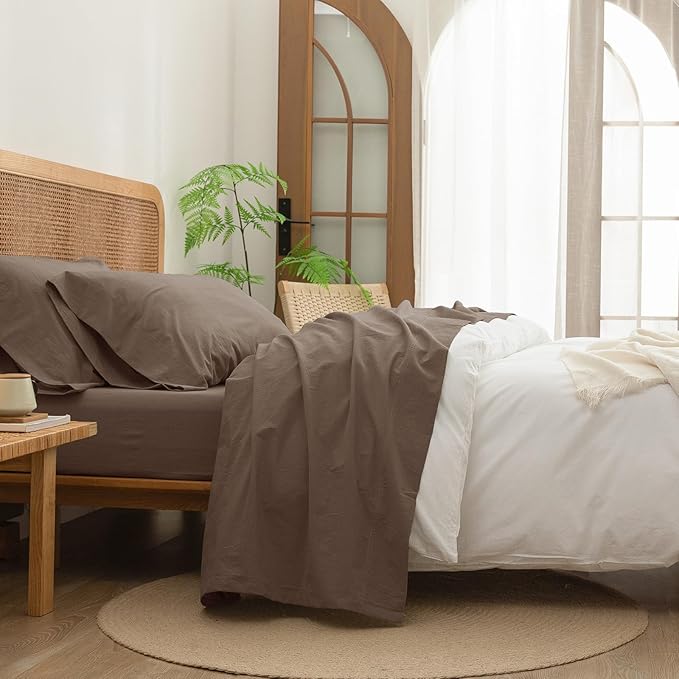 BESTOUCH Sheet Set 100% Washed Cotton Linen Feel Super Soft Comfortable Chic Lightweight 4 Pcs Home Bedding Set Solid Pine Bark Brown Cal King