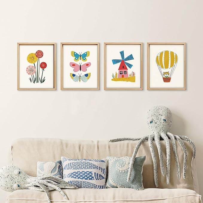 VONTP Kids Classroom Wall Art Decor, Eclectic Retro Floral Hot Air Balloon Butterfly Nursery Prints Poster Wall Decorations for Kids Room Bedroom Playroom Classroom, 8x10 Inch Set of 4 (Unframed)