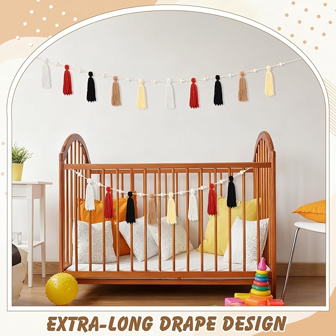 2 Pcs Tassel Garland with Wood Beads, Handmade Cotton Yarn Wall Hanging Banner Boho Tassel Wall Hanging Party Decor for Nursery, Birthday Baby Shower Home Classroom Decoration(Retro)