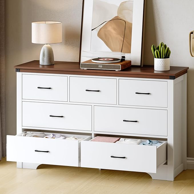 Farmhouse 7 Drawer Dresser for Bedroom, 51" Wide Chest of Drawers, Wooden Dresser TV Stand, Storage Dressers Organizer for Bedroom, Living Room, Hallway