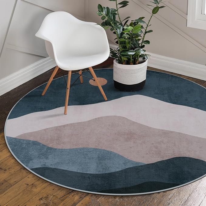 4ft Abstract Round Area Rug,Chic Faux Wool Washable Non-Slip Sun and Mountain Circle Rug,Soft Ultra-Thin Throw Rugs for Living Room/Bedroom/Office/Entryway/Kitchen(Blue)