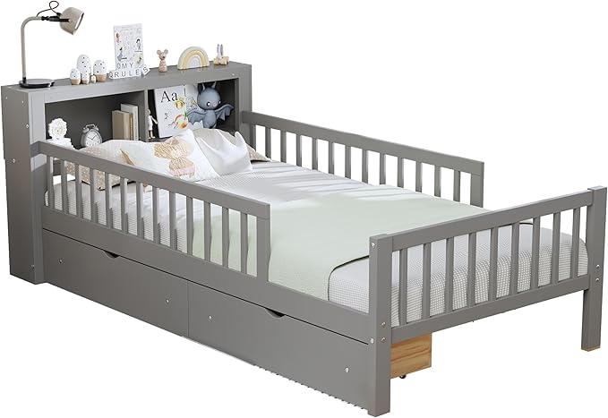 Wood Twin Size Platform Bed with Safety Fence for Kids Boys Girls, Platform Bed Frame with Practical Headboard and 2 Under-Bed Drawers, Sturdy Slats Support (Gray-3.15)