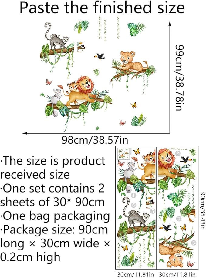 Jungle Animals Wall Decals - Peel & Stick Lion Leopard Climbing Tree Cartoon Wall Stickers for Nursery Kids Bedroom Playroom Classroom Decor