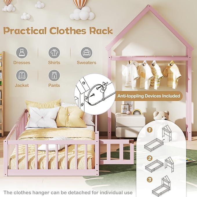 KOMFOTT Twin Size Floor Bed with House-Shaped Headboard, Kids Montessori Floor Bed with Detachable Clothes Hanger, Full Length Safety Guardrails, Door & Latch, Solid Wood Floor Bed Frame