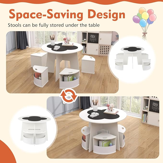 HONEY JOY White Kids Table and Chair Set, Children Activity Play Table with 4 Storage Stools for Art Craft, Nesting Design Toddler Table and Chair Set for Playroom, Daycare, Gift for Boys Girls