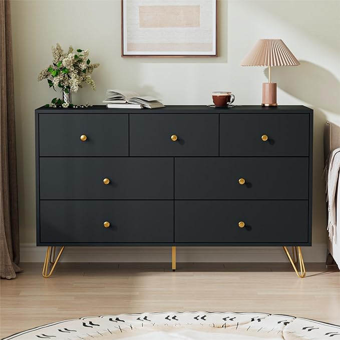 Black Dresser for Bedroom, Modern 7 Drawer Dresser with Gold Handles and Metal Legs, Black and Gold Dressers & Chest of Drawers for Hallway, Entryway
