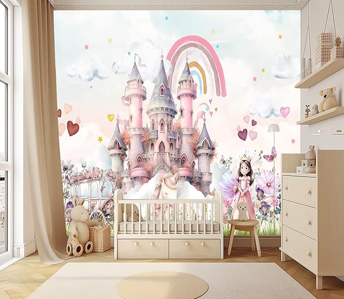 XMPMBM-Pink Cartoon Citadel Nursery Room Fabric Wallpaper Girls Bedroom Wall Mural-W 88" X H 59"（36 Square Foot）