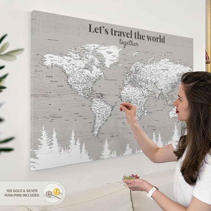 ElephantStock - Let's Travel II Push Pin World Map Wall Art - Horizontal Canvas Wall Art - Living Room Wall Decor - Digital Art Map Canvas Art - Gray And White Decor - 45" x 30"