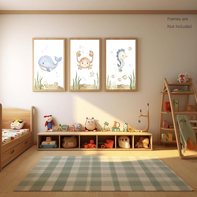 Wodkwq Nursery Wall Art Sea Animal Canvas Prints Baby Girl Boy Room Decor Watercolor Paintings Pictures Cute Ocean Theme Toddler Room Decoration Set of 3 for Kids Bedroom Bathroom 12x16in Unframed