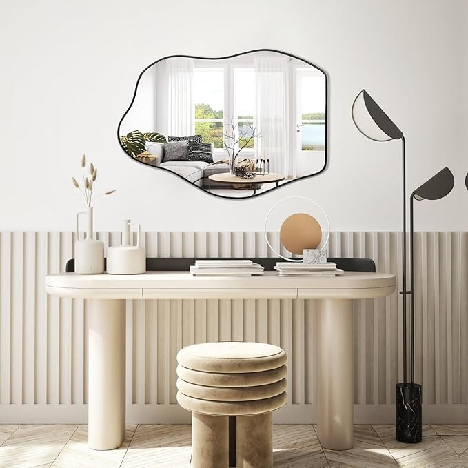 POZINO Irregular Shaped Mirror, 28"x20" Asymmetrical Mirror, Modern Wavy Mirrors, Funky Mirrors for Wall Decor Living Room Bathroom Bedroom Entryway