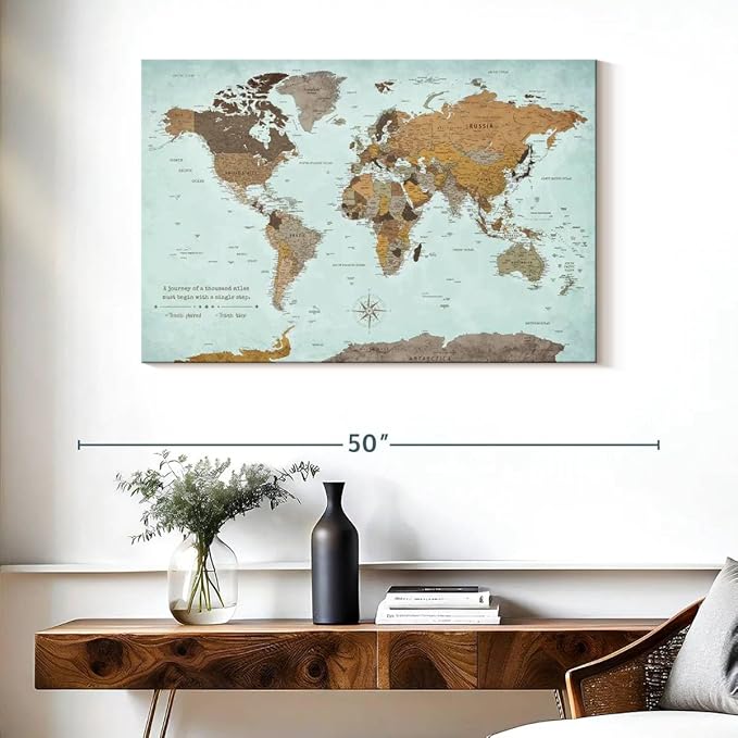 ElephantStock - A Thousand Miles World Push Pin Map Wall Art - Horizontal Canvas Wall Art - Living Room Wall Decor - Printmaking Map Canvas Art - Blue And Brown Decor - 39" x 26"