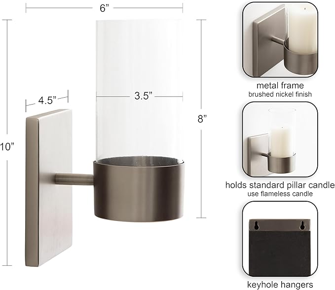 Kate and Laurel Zabler Modern Metal Wall Sconce, 5 x 6 x 10, Antique Nickel, Round Candle Holder with Removable Glass Cylinder for Flameless Candle Display in Bedroom or Bathroom